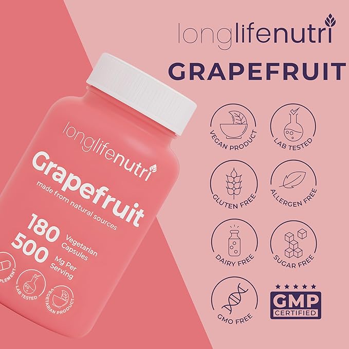 Grapefruit Seed Extract 500mg - Derived from Citrus Paradisis, 180 Vegetarian Capsules, Organic Naringin Supplement for Daily Energy & Balance, 6-Month Supply, GMP Certified, Made in USA