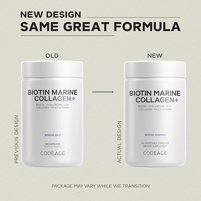 Codeage Biotin Marine Collagen Peptides - Wild-Caught Marine Collagen Types I & III, Biotin, Vitamins C & E, Hyaluronic Acid, Amino Acids, Fruit and Herb Blend, Non-GMO - 120 Capsules