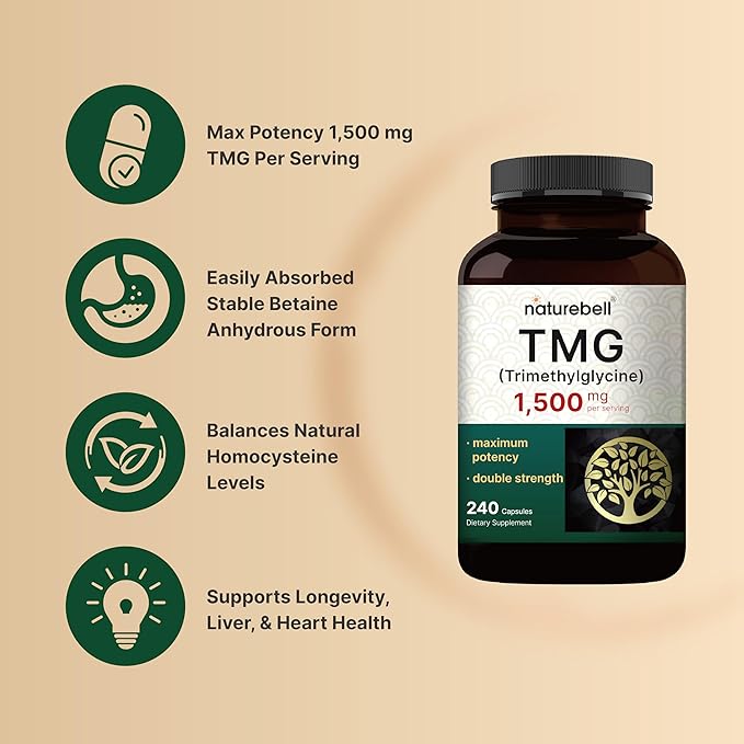 NatureBell TMG Supplements 1,500mg, 240 Capsules | Max Strength Betaine Anhydrous Trimethylglycine – Supports Healthy Homocysteine Balance, Heart & Liver Health – Non-GMO, Gluten Free