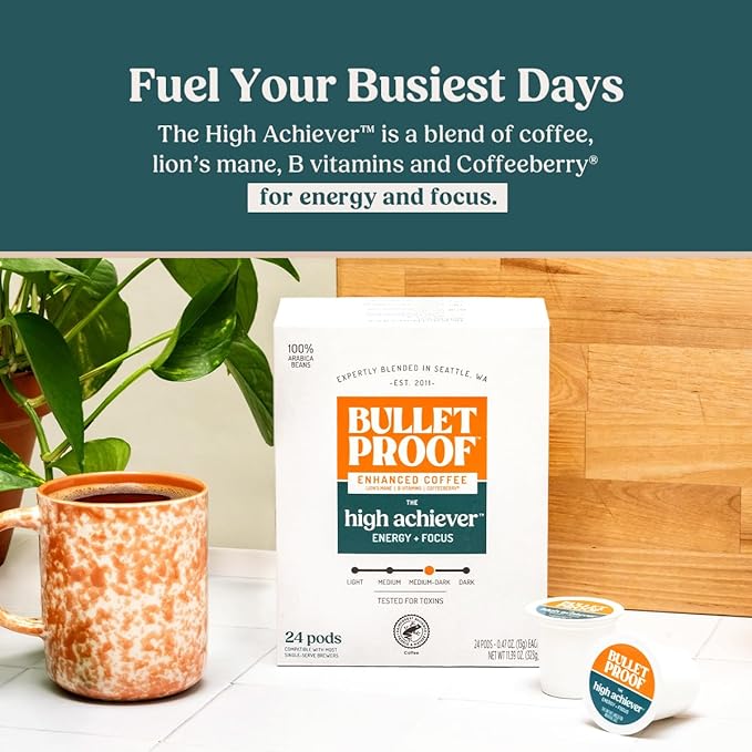 Bulletproof The High Achiever Single-Serve Pods, 72 count, Medium-Dark Roast Enhanced Coffee with Lion's Mane Mushroom, B Vitamins, and Adaptogens for Energy and Focus