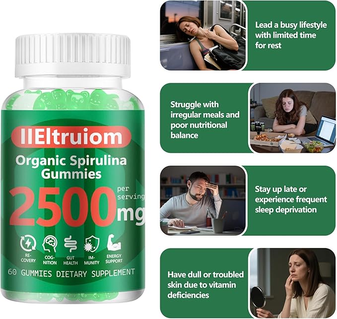 Spirulina Gummies, Organic Spirulina 2500mg Enhanced Daily Energy - Your Daily Super Greens with Sea Moss, Chlorophyll, GLA, Non-GMO, Gluten Free, 120 Vegan Gummies