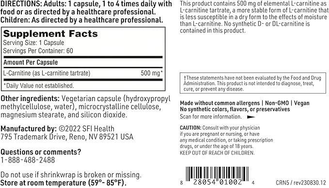 Klaire Labs SFI Health L-Carnitine Tartrate - 500 mg Amino Acid, Stabilized L-Carnitine - No Synthetic D-Carnitine (60 Capsules)