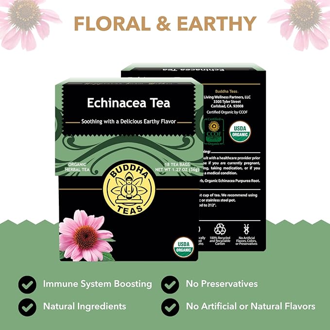 Buddha Teas - Organic Echinacea Tea - Herbal Tea - Immune Boosting - With Antioxidants & Minerals - Clean Ingredients - Caffeine Free - 18 Tea Bags (Pack of 1)