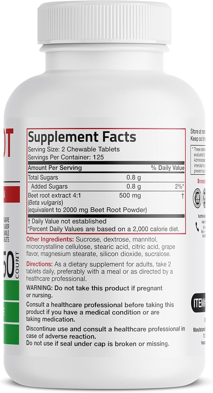 Bronson Beet Root Chewables 2000 MG, Grape Flavored - Extra Strength 2000 MG Per Serving Circulation Support Heart Health & Stamina, Non-GMO, 250 Vegetarian Grape Flavored Chewable Tablets