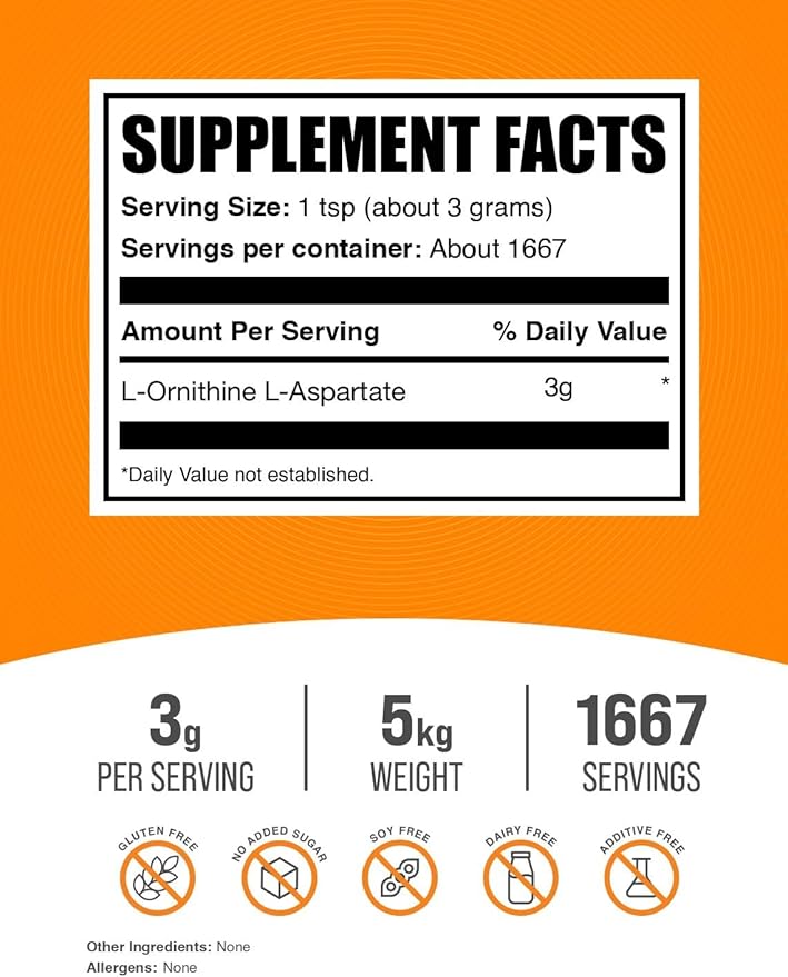 BulkSupplements.com L-Ornithine L-Aspartate Powder - Ornithine Supplement, Amino Acid Supplement - Gluten Free, 3g per Serving, 1kg (Pack of 5) (11 lbs)