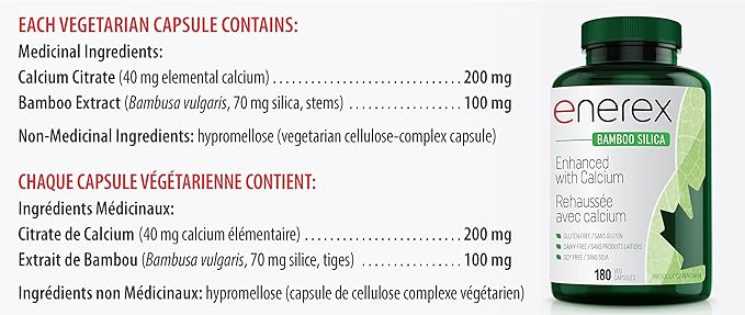 Bamboo Silica with Calcium Citrate - 180 Veggie Caps for Bone & Dental Health, Enhanced Hair, Skin & Nails Growth - Plant-Based Supplement, Bamboo Extract & Organic Silica for Wellbeing