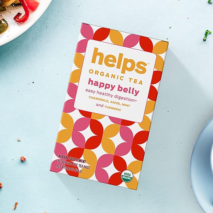 HELPS TEAS | Helps Happy Belly Tea | Organic Digestive herbal Tea With Green Anise, Chamomile, Mint and Turmeric | 16 Tea Bags |