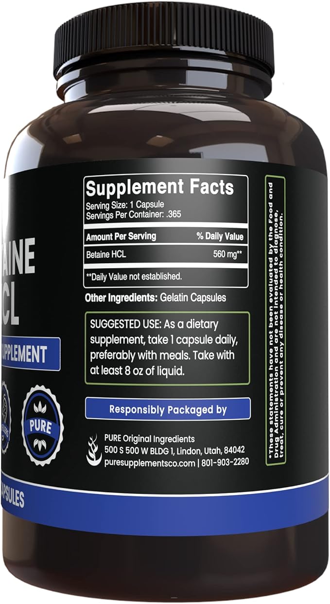 PURE ORIGINAL INGREDIENTS Betaine HCL (365 Capsules) No Magnesium Or Rice Fillers, Always Pure, Lab Verified