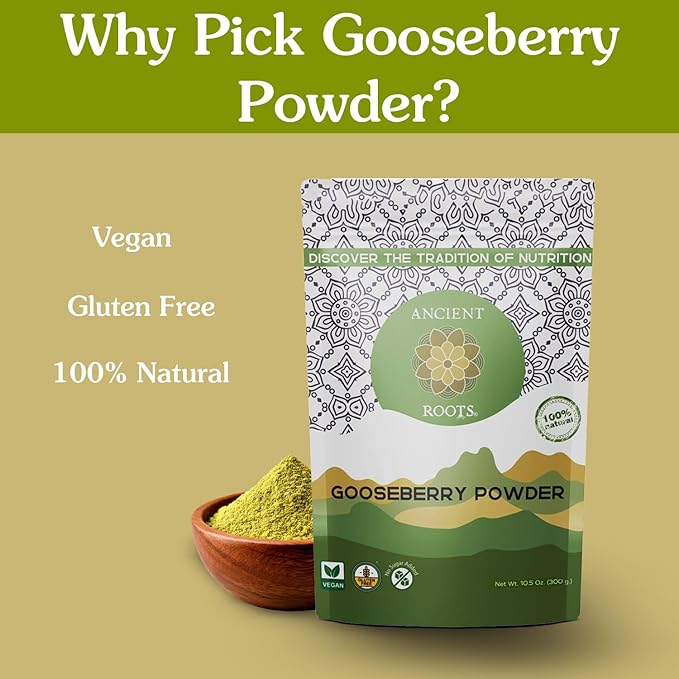 Ancient Roots Gooseberry Powder -100% Pure & Natural, Non-GMO, Gluten-Free, Finely Ground Amla for Smoothies, Teas, and Recipes, 10.5 oz Resealable Bag