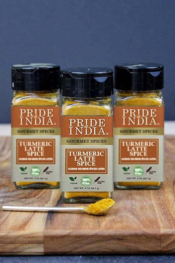 Pride of India – Turmeric Latte Spice Mix – Gourmet & Warm Tea Spice Blend – Healthy/Gluten-Free – Ideal for Lattes/Smoothies/Golden Milk – Easy to Use – 2 oz. Small Dual Sifter Bottle