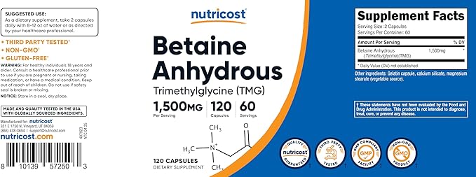 Nutricost Betaine Anhydrous Capsules 1500mg, 60 Servings - Gluten Free, Non-GMO, 750mg Per Cap, 120 Capsules