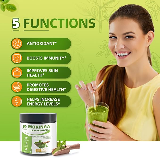 Organic Moringa Powder & Matcha Powder, Multi-Green Superfoods with Green Tea Resveratrol - Energy and Digestive Support, Rich in Antioxidants and Vitamin A D3 E B6 B12 Calcium, Non-GMO, Vegan, 16 oz