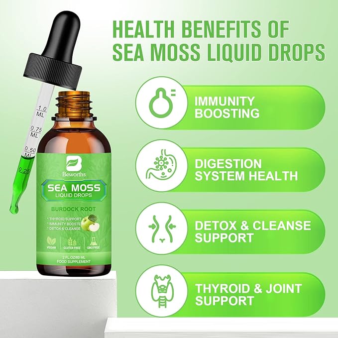 Sea Moss Liquid Drops - Organic Irish Sea Moss Gel with Burdock Root, ACV, Vitamin C, B12, Seamoss Gel Supplement for Boost Defense System, Detox Cleanse & Digestive Support - 2 Fl Oz