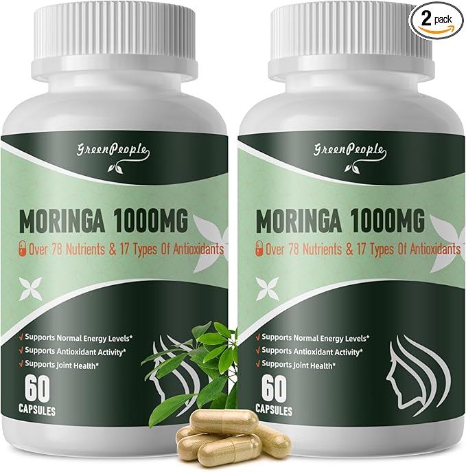 Moringa Capsules,Rich Moringa Powder with Turmeric & Ginger,A Natural Green Antioxidant Superfood - Supports Energy,Skin Health,Gut Health,60pcs 2packs
