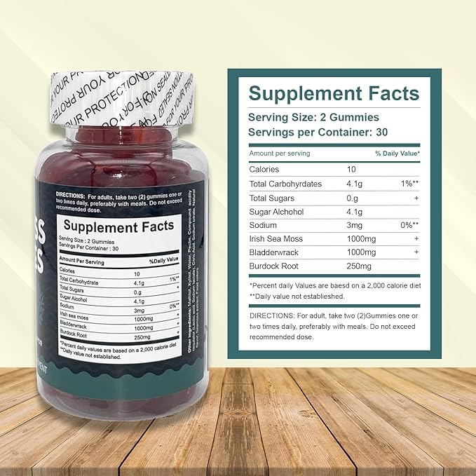 Premium Sea Moss Gummies, Irish Sea Moss Supplement with Bladderwrack and Burdock Root, Vegan Support Detox Gummies, Plant-Based Wellness, for Gut Health, Superfood 60ct