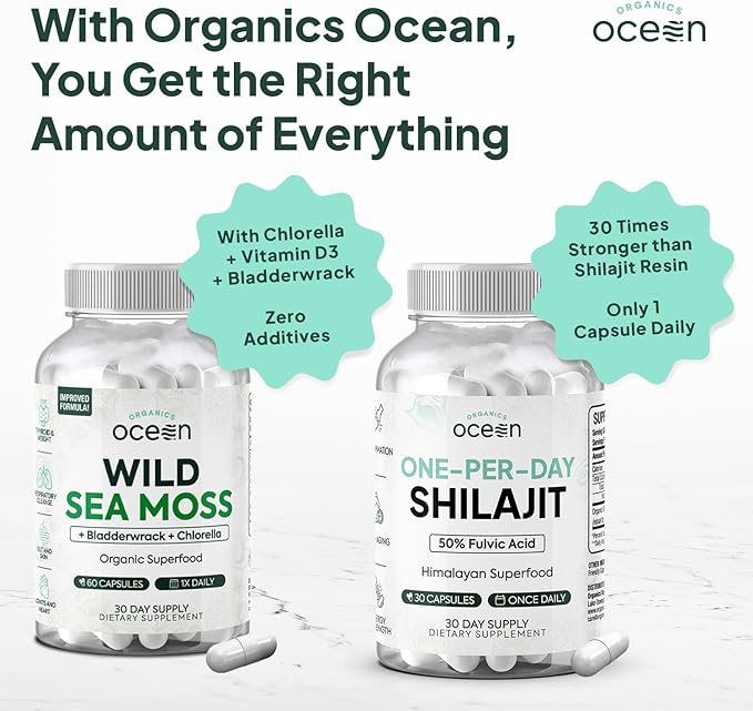 Wild Sea Moss Capsules and One-per-Day Shilajit for Men and Women - 100% Irish Sea Moss and Pure Shilajit Capsules - Thyroid Support for Women and Men