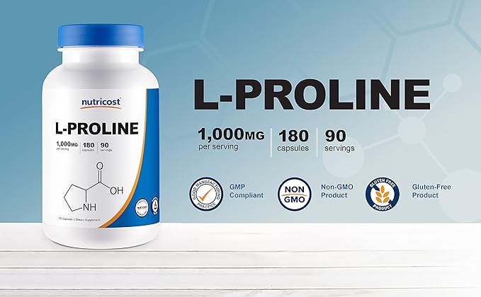 Nutricost L-Proline 1000mg, 180 Capsules (90 Servings) - 500mg Per Cap, Non-GMO, Gluten Free
