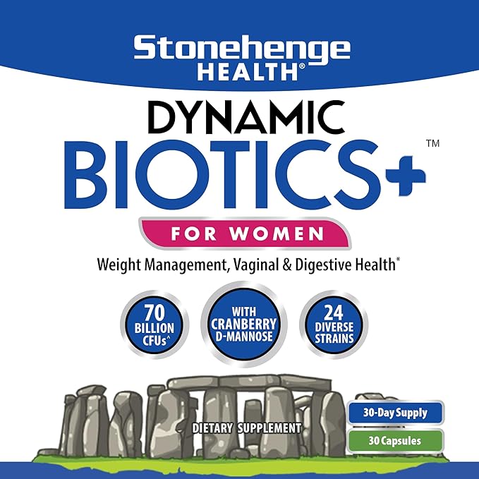 Stonehenge Health Probiotics 70 Billion CFU + 24 Strains, Prebiotic, Dynamic Biotics+ for Women, New Formula for Weight Management, Digestive & Vaginal Support, Delayed Release Shelf Stable Non-GMO