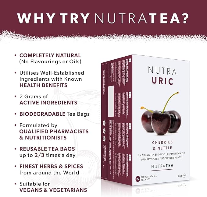 NUTRAURIC - Uric Acid Cleanse and Kidney Support – Kidney Cleanse Tea – Includes Cherry, Nettle & Turmeric - 40 Enveloped Tea Bags - by Nutra Tea - Herbal Tea - (2 Pack)