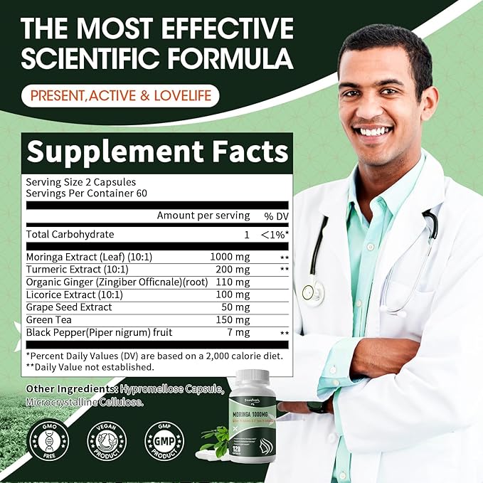 Moringa Capsules,Rich Moringa Powder with Turmeric & Ginger,Natural Green Antioxidant Superfood - Supports Energy,Skin Health,Gut Health,with Essential Vitamins & Amino Acids,120pcs-2 pack