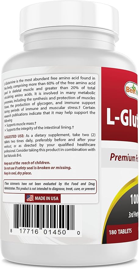 Best Naturals L-Glutamine 1000 mg 180 Tablets (180 Count (Pack of 3))
