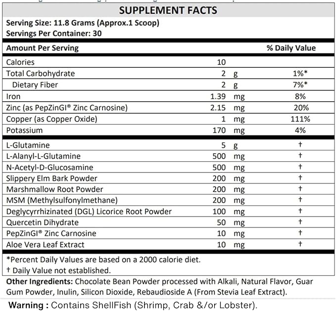 TERRA ORIGIN Healthy Gut Chocolate | 30-Servings with L-Glutamine, Zinc, Glucosamine, Slippery Elm Bark, Marshmallow Root and More!