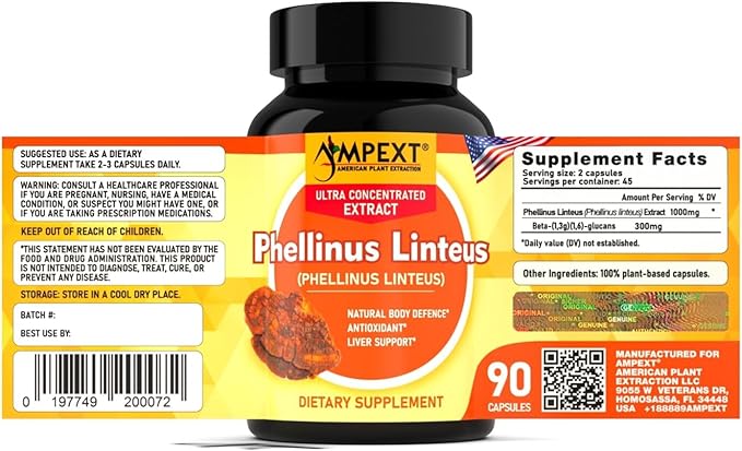 Phellinus linteus Mushroom Extract - Premium Quality, Only Fruiting Bodies, Antioxidant, Immunity Booster, Liver Support, 90 Veg Caps.