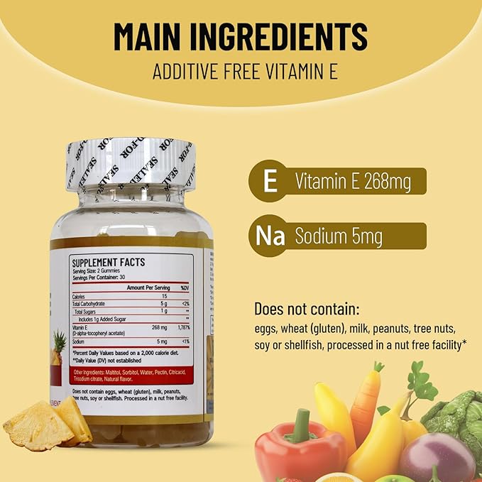 Vitamin E Gummies 268mg, Delicious, Vegan, Non-GMO, Adult Gummy Supplements, Immune, Skin & Eye Support, 60 Count