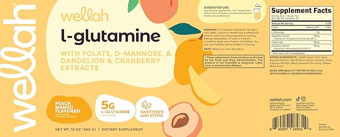 Wellah L-Glutamine Peach Mango (50 Servings) - 5g L-Glutamine Per Serving, Sweetened with Stevia