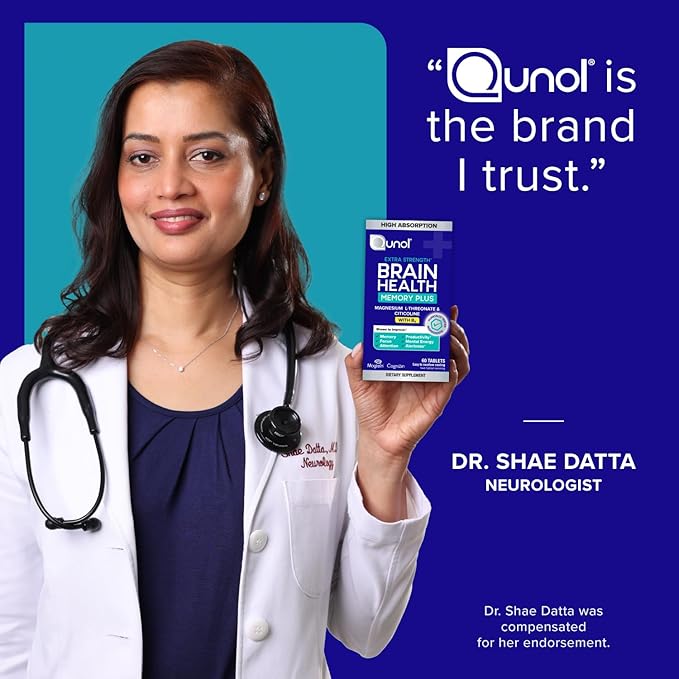 Qunol Brain Health Memory Plus with B6, Magnesium L-Threonate & Citicoline, Clinically Tested Ingredients to Improve Memory, Focus, Attention and Productivity, 60 Count (Pack of 1)