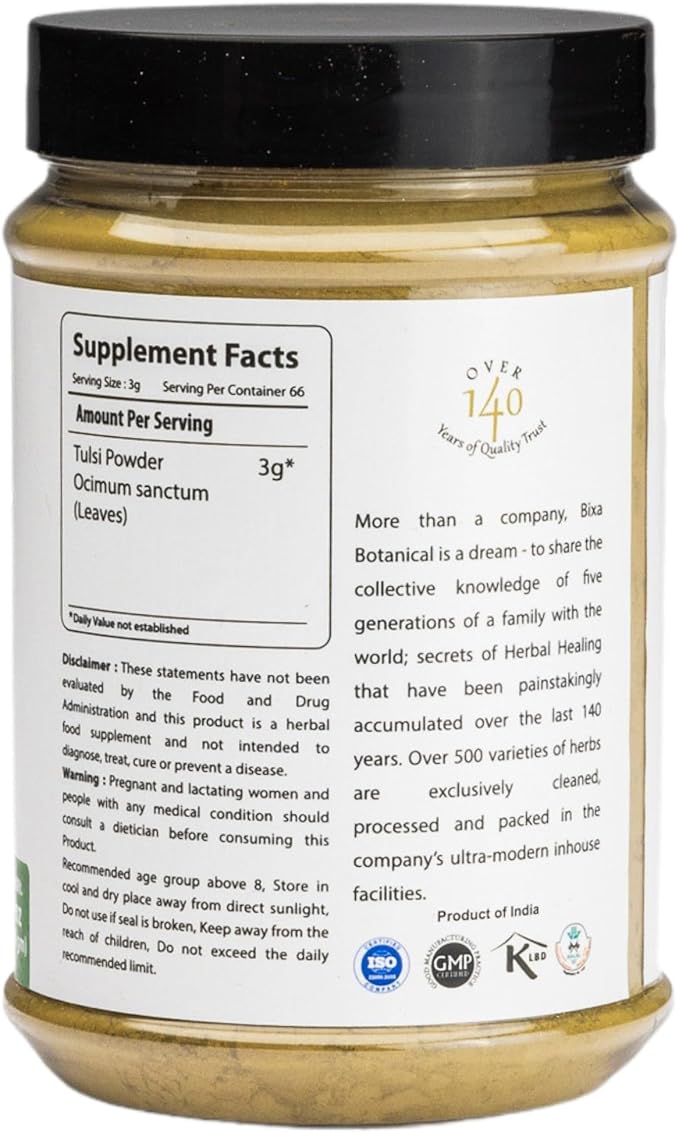 bixa BOTANICAL Tulsi Leaves Powder (Holy Basil Leaf/Ocimum Sanctum) 7 Oz / 200g,Pack of 1 | Support Immunity|Taken as Tea