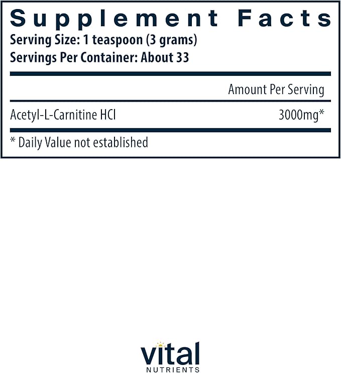 Vital Nutrients Acetyl L-Carnitine Powder | Brain, Memory, and Cognitive Support Supplement* | Vegan | Gluten, Dairy, Soy Free | Non-GMO | 100 Grams