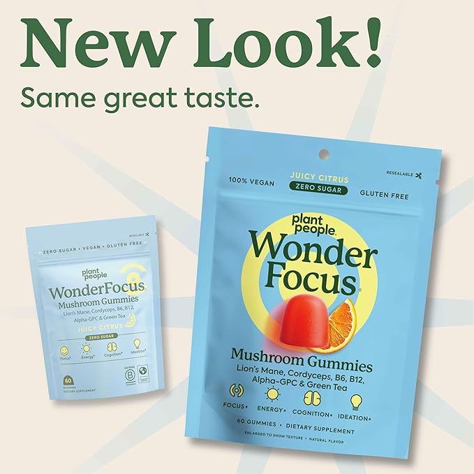 Plant People WonderFocus Mushroom Gummies with Lion’s Mane & Cordyceps - Nootropic Brain Supplement Boosts Memory, Focus, Energy & Mood in Adults | No Sugar, 100% Vegan, Citrus Flavor, 60 Count