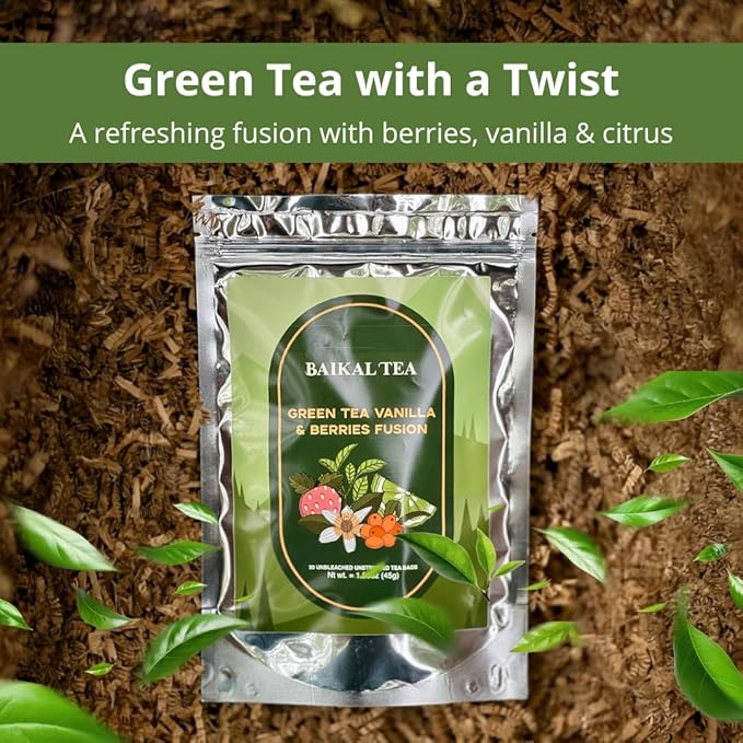 Baikal Tea Green Tea Vanilla & Berries Fusion – Antioxidant-Rich Herbal Blend with Sea Buckthorn, Lime and Mint – Fruity & Smooth Flavor, Caffeine Boost – 100% Natural 30 Tea Bags