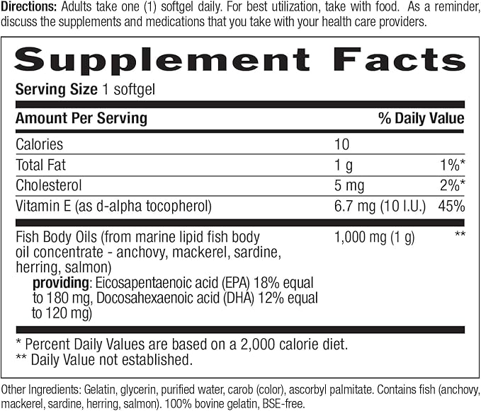 Country Life Omega-3 Fish Oil Supplement, 1000mg, 180mg EPA & 120mg DHA, Fish Oil Concentrate, Burpless, 300 Softgels, Certified Gluten Free