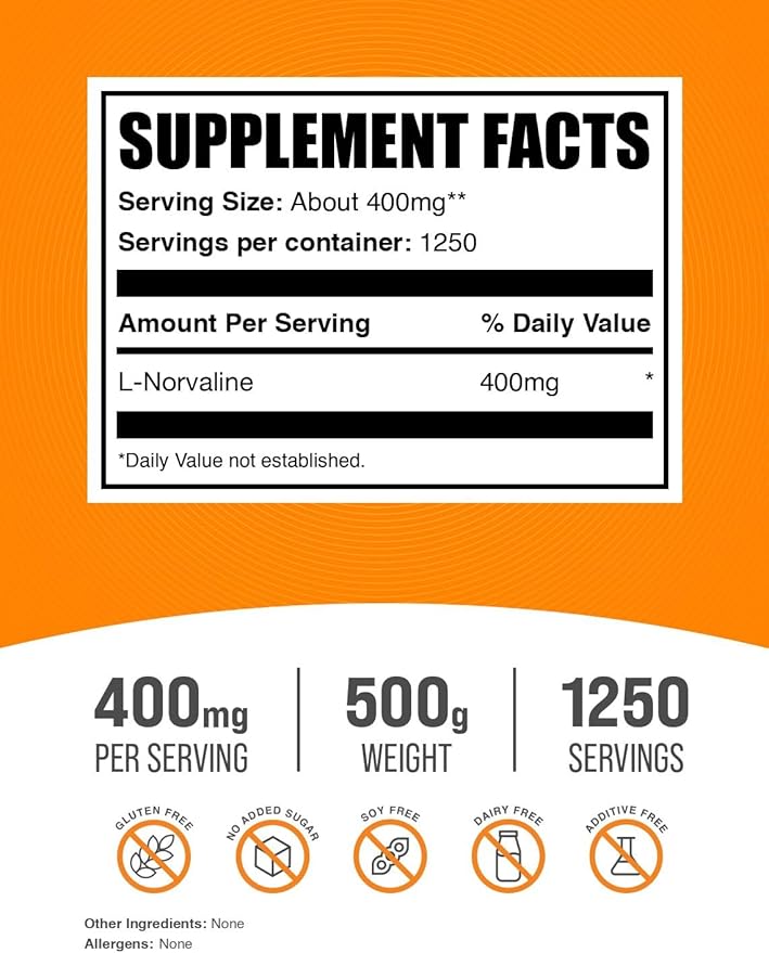 BulkSupplements.com L-Norvaline Powder - L-Norvaline Supplement, Nitric Oxide Supplement, Amino Acid - Gluten Free, 400mg per Serving, 500g (1.1 lbs) (Pack of 1)