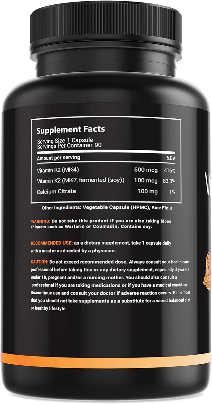 Vitamin K2 Supplement - Full Spectrum Vitamin K2-MK7, MK4 & Vitamin D - High Strength K2 Works with Vitamin-D3 - Vitamin-K 600mcg - Supports Bone Health - 90 Capsules