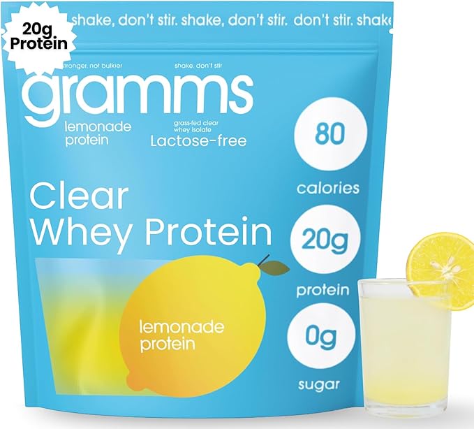 GRAMMS Clear Protein Powder, Lemonade | 20g Protein Grass-Fed Whey Isolate, Zero Sugar, Zero Lactose, Non-Bloating, Non-GMO, Protein for Women (18 Servings)