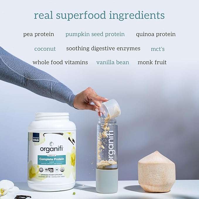 Organifi Complete Protein Vanilla Flavor - Organic Vegan Plant Based Protein Powder with Digestive Enzymes - 30 Day Supply - No Soy, Dairy, or Gluten