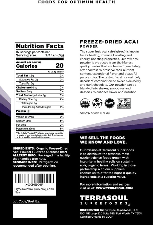 Terrasoul Superfoods Organic Acai Berry Powder, 16 Oz (Pack of 4), Freeze-Dried for Freshness, Omega Fats Boost for Smoothie Bowls, and Antioxidant-Packed Superfoods Recipes