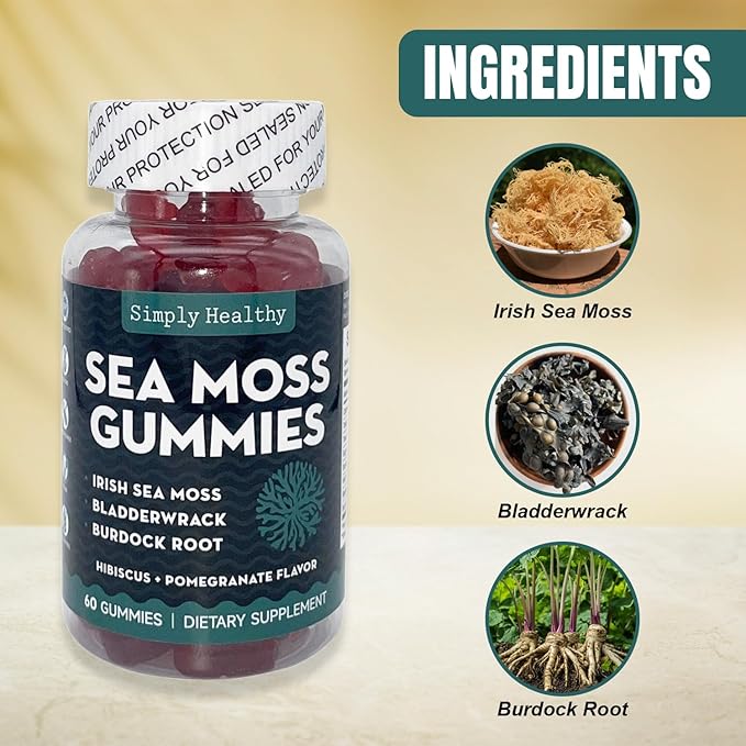 Premium Sea Moss Gummies, Irish Sea Moss Supplement with Bladderwrack and Burdock Root, Vegan Support Detox Gummies, Plant-Based Wellness, for Gut Health, Superfood 60ct