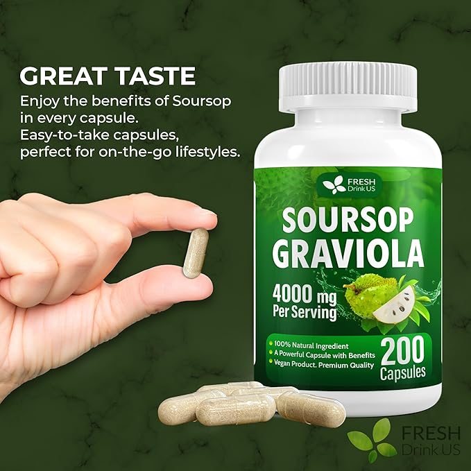 FRESHDRINKUS, Premium 200 Soursop Capsules, 4000mg per Serving, 100 Days Supply – 100% from Natural Soursop Graviola Fruits and Leaves Extract, Vegan Capsules, Non-GMO, Gluten-Free.