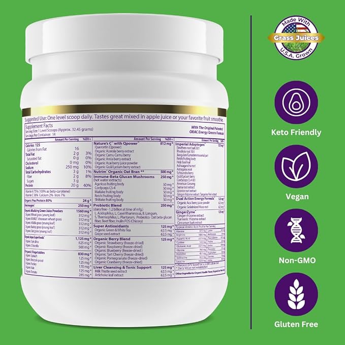 Paradise Herbs ORAC Energy Proteins & Greens Powder, Antioxidant Power of 24 Servings of Fruits & Vegetables in 1 Scoop + 20g Protein, Vanilla, 14 Servings