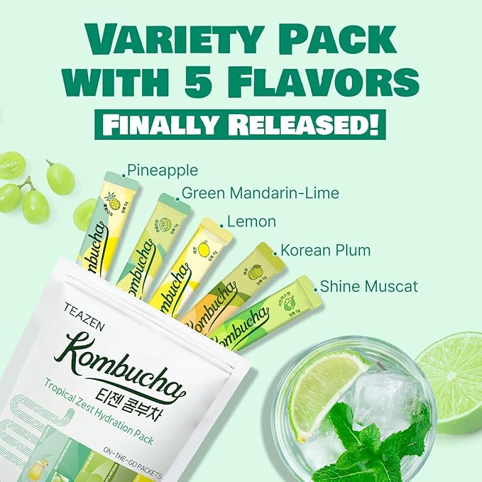 TEAZEN Kombucha Tea Tropical Zest Hydration Variety Pack - 20 Sticks, 5 Flavor (Lemon, Pineapple, Korean Plum, Shine Muscat, Green Mandarin-Lime)