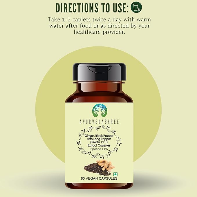 Trikatu Extract 500mg - 60 Vegetarian Capsules | Ginger with Black Pepper & Long Pepper Extract | | All Natural | 100% Vegan | Gluten-Free | GMP Certified.