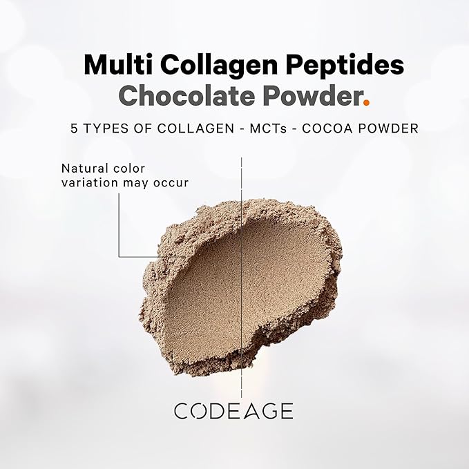 Codeage Multi Collagen Chocolate Protein Powder - Hydrolyzed Bovine Collagen Peptides, 5 Collagen Types & MCT Oil - Collagen Creamer, Chocolate Collagen Peptides - Protein Shakes - Non-GMO - 18.17 oz