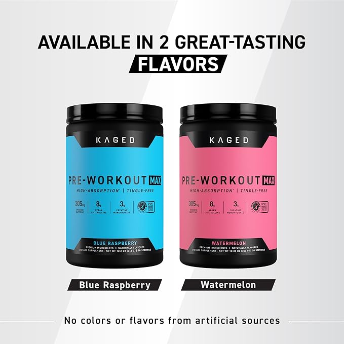 Kaged Pre Workout MAX Powder | Blue Raspberry | Tingle Free, High Stim Pre-Workout | 305 mg Caffeine, Creatine, L-Citrulline | MAXCatalyst for Absorption | Supplements for Men & Women | 20 Servings
