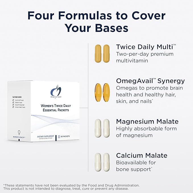 Designs for Health Twice Daily Essential Packets - Daily Multivitamin Packs with Immune Support Vitamins Vitamin D + Zinc - Calcium + Magnesium Capsules - OmegAvail Fish Oil (60 Individual Packets)