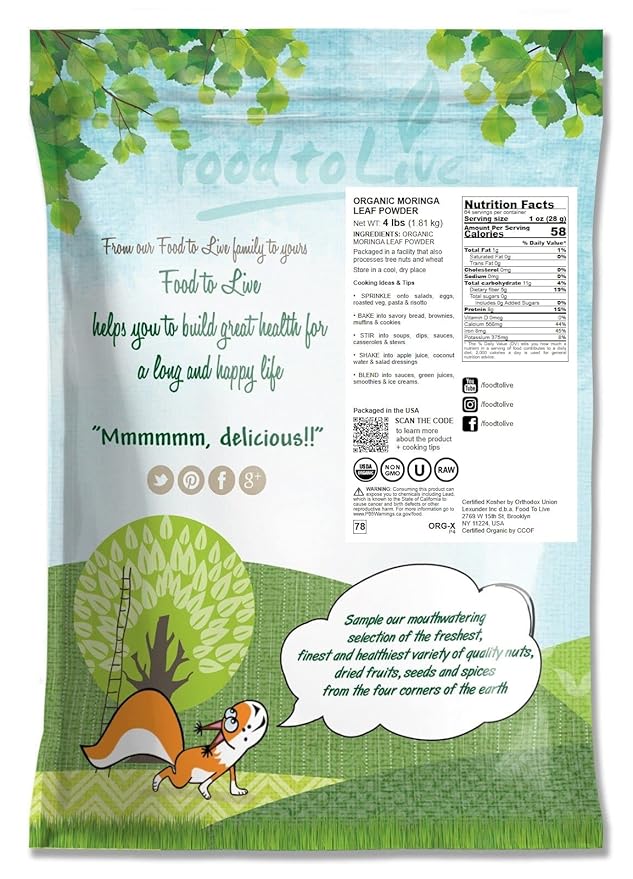 Food to Live Organic Moringa Leaf Powder, 4 Pounds - Non-GMO, Kosher, Raw, Vegan, Bulk, Ground Moringa Oleifera Leaf, Sun-Dried, Great for Drinks, Teas and Smoothies
