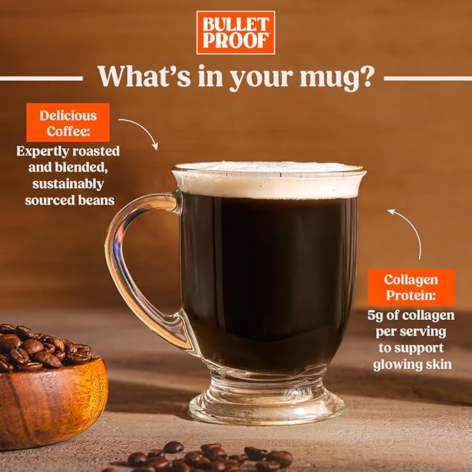 Bulletproof Coffee + Collagen Single-Serve Coffee Pods, 10 Count, 100% Arabica Beans, Clean Coffee Tested for Toxins, Packaging May Vary